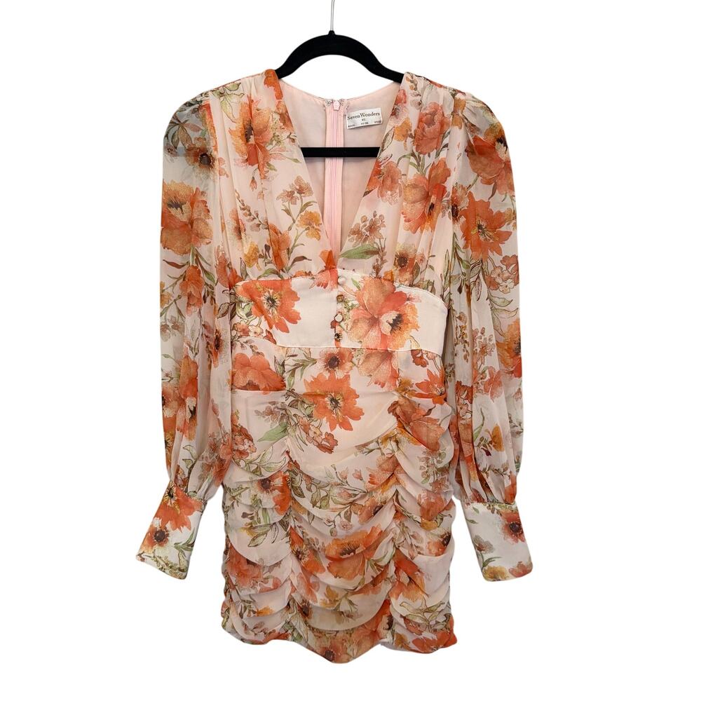 Seven Wonders Mini Ruched Dress XS Pink Floral Resortwear Feminine Romantic Boho - Picture 2 of 7